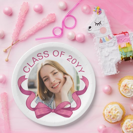  Roze Bow Ronde Foto Jaar Afstuderen Papieren Bordje (Feest)