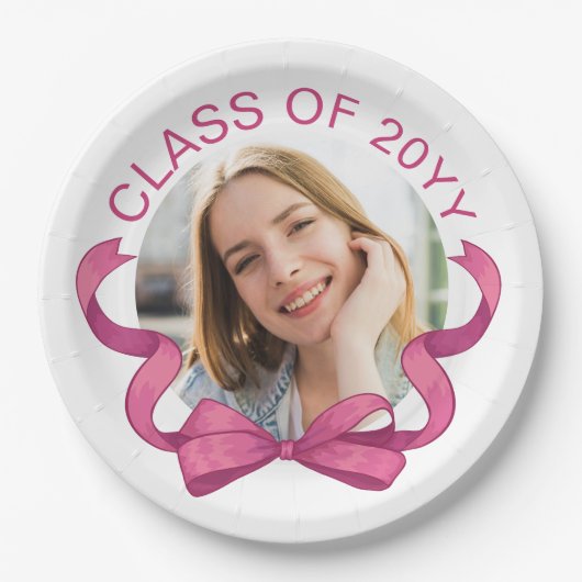  Roze Bow Ronde Foto Jaar Afstuderen Papieren Bordje (Voorkant)