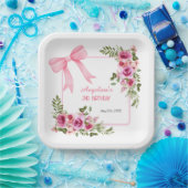 Roze Bow Roos Bloemen Greenery Meisjes Verjaardag Papieren Bordje (Feest)