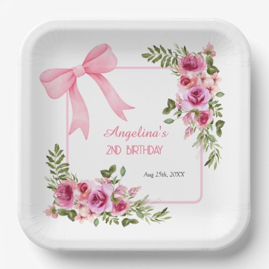 Roze Bow Roos Bloemen Greenery Meisjes Verjaardag Papieren Bordje (Voorkant)