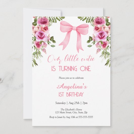 Roze Bow Roos Bloemen Kleine Cutie Verjaardag Kaart (Voorkant)