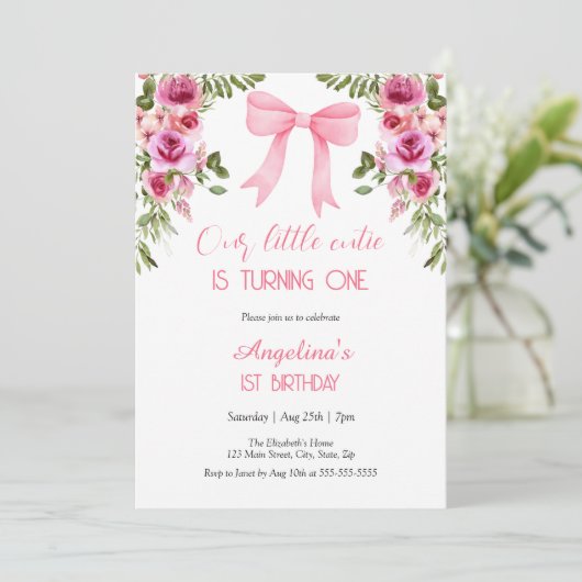 Roze Bow Roos Bloemen Kleine Cutie Verjaardag Kaart (Staand voorkant)