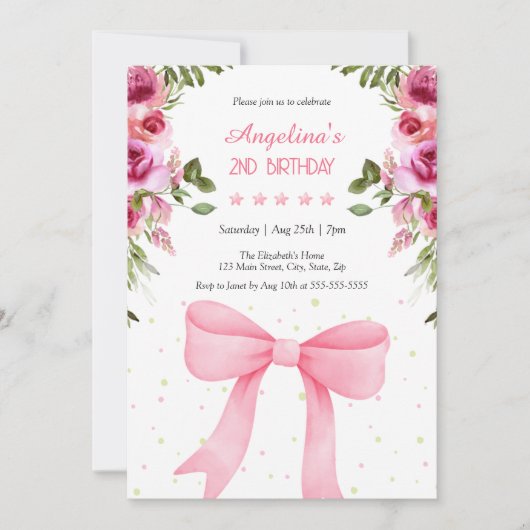 Roze Bow Roos Bloemen Polka Dots Verjaardag Kaart (Voorkant)