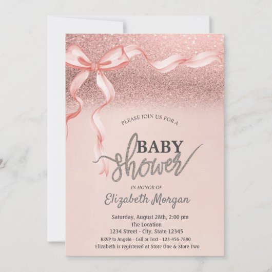 Roze Bow Roos Gouden Glitter Bokeh Baby shower Kaart (Voorkant)