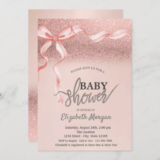 Roze Bow Roos Gouden Glitter Bokeh Baby shower Kaart (Voorkant / Achterkant)