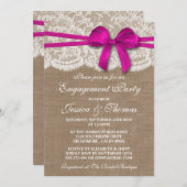 Roze Bow Rustic Burlap & Lace Engagement Party Kaart (Voorkant / Achterkant)