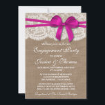 Roze Bow Rustic Burlap & Lace Engagement Party Kaart<br><div class="desc">Deze roze lint met boog op de bijtende burlap en de verloving van witte kant of partijuitnodigingen zullen de perfecte aankondiging zijn om elke bruid en bruid te zijn! Het ontwerp is voorzien van een prachtig roze lintje met boog op een roestachtige achtergrond met een romantische rand-effectrelatie. Deze uitnodigingen kunnen...</div>