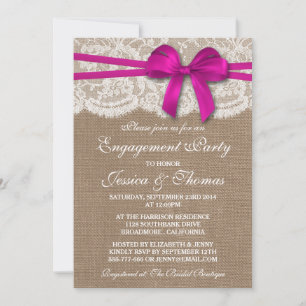 Roze Bow Rustic Burlap & Lace Engagement Party Kaart