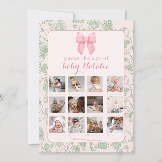 Roze Bow Sage Groene Baby Meisje Douche Spel Kaart (Voorkant)