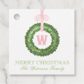 Roze Bow Sash Kerst Monogram Krans Behuizing Bedankjes Labels (Voorkant)