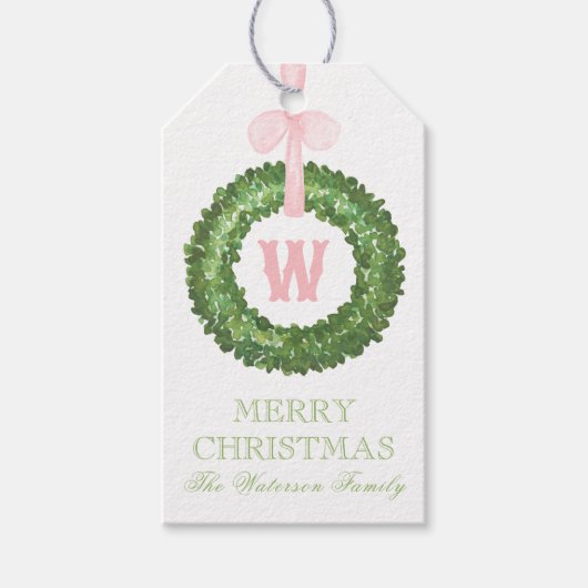 Roze Bow Sash Kerst Monogram Krans Behuizing Cadeaulabel (Voorkant)