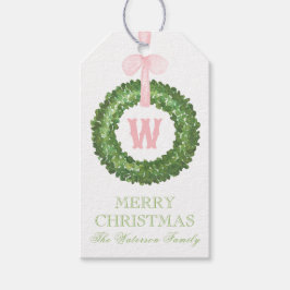 Roze Bow Sash Kerst Monogram Krans Behuizing Cadeaulabel