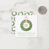 Roze Bow Sash Kerst Monogram Krans Behuizing Notitiekaartje (Voorkant / Achterkant in situ)