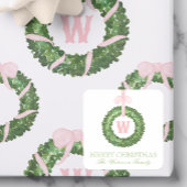 Roze Bow Sash Kerst Monogram Krans Behuizing Vierkante Sticker