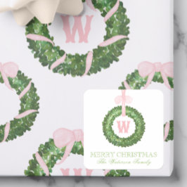 Roze Bow Sash Kerst Monogram Krans Behuizing Vierkante Sticker