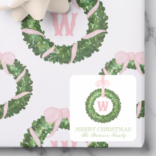 Roze Bow Sash Kerst Monogram Krans Behuizing Vierkante Sticker
