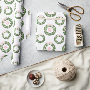 Roze Bow Sash Kerst Monogram Krans Cadeaupapier