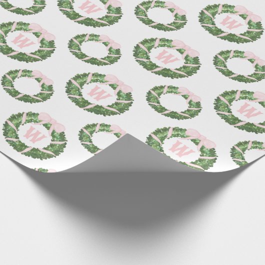Roze Bow Sash Kerst Monogram Krans Cadeaupapier (Hoek)