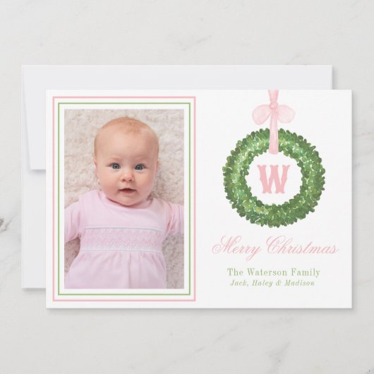 Roze Bow Sash Kerst Monogram Krans Feestdagenkaart (Voorkant)