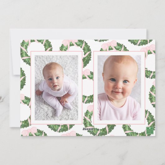 Roze Bow Sash Kerst Monogram Krans Feestdagenkaart (Achterkant)