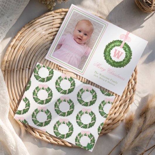 Roze Bow Sash Kerst Monogram Krans Feestdagenkaart