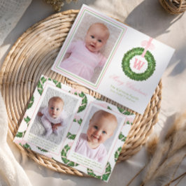 Roze Bow Sash Kerst Monogram Krans Feestdagenkaart