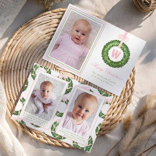 Roze Bow Sash Kerst Monogram Krans Feestdagenkaart