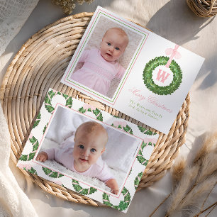 Roze Bow Sash Kerst Monogram Krans Feestdagenkaart