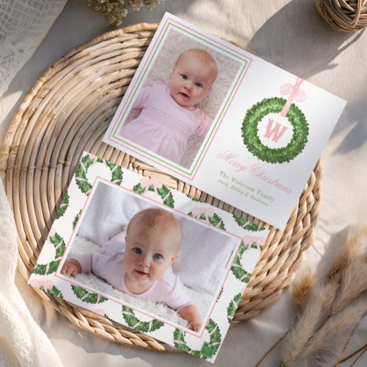 Roze Bow Sash Kerst Monogram Krans Feestdagenkaart