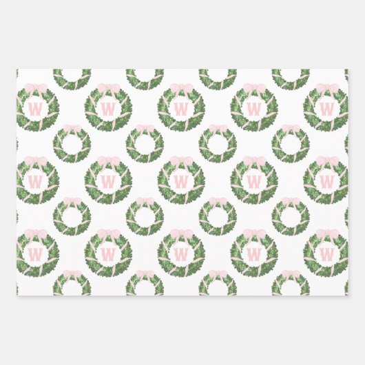 Roze Bow Sash Kerst Monogram Krans Inpakpapier Vel (Voorkant 3)