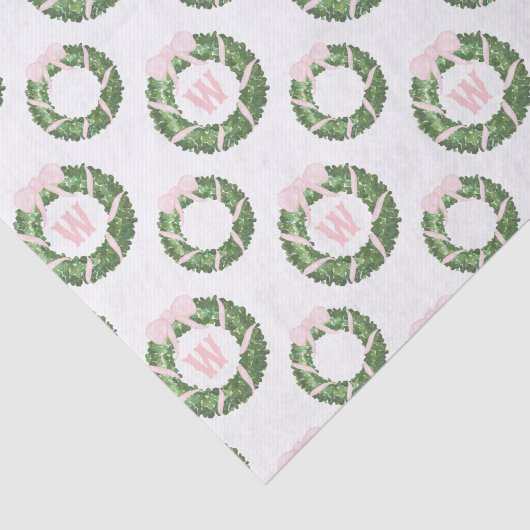 Roze Bow Sash Kerst Monogram Krans Tissuepapier (Detail)