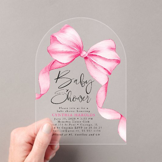 Roze Bow Schattigee Baby Girl Baby shower Acryl Uitnodigingen (Insitu (Draagbaar))