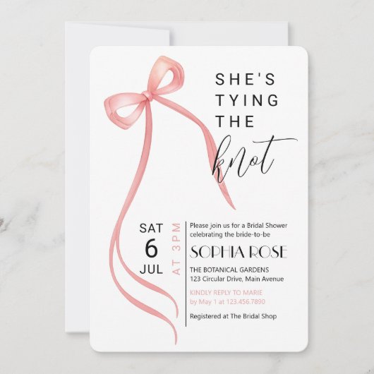 Roze Bow Shes Tying The Knot Vrijgezellenfeest Uit Kaart (Voorkant)