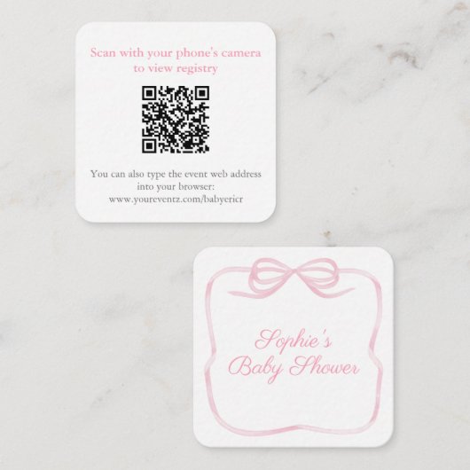  Roze Bow Shower QR Code RSVP Informatiekaartje (Voorkant / Achterkant)