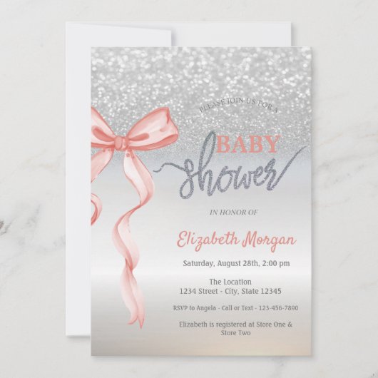Roze Bow Silver Glitter Bokeh Baby shower Kaart (Voorkant)