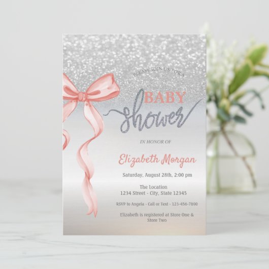 Roze Bow Silver Glitter Bokeh Baby shower Kaart (Staand voorkant)