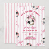 Roze Bow Stripes Meisje Voetbal Spel Tijd Verjaard Kaart (Voorkant / Achterkant)
