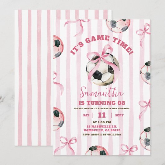 Roze Bow Stripes Meisje Voetbal Spel Tijd Verjaard Kaart (Voorkant / Achterkant)
