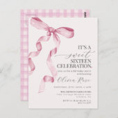 Roze Bow Sweet Zestien Verjaardagsfeestuitnodiging Briefkaart (Voorkant / Achterkant)