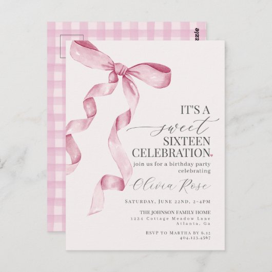 Roze Bow Sweet Zestien Verjaardagsfeestuitnodiging Briefkaart (Voorkant / Achterkant)