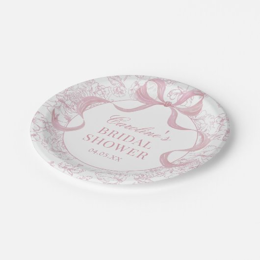 Roze Bow Toile Bloemen Vrijgezellenfeest Papier Bo Papieren Bordje (Gekanteld)