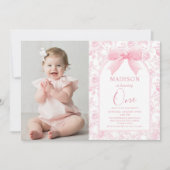 Roze Bow Toile Chinoiserie 1e Verjaardag Foto Kaart (Voorkant)