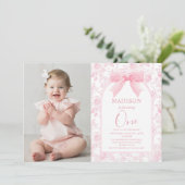 Roze Bow Toile Chinoiserie 1e Verjaardag Foto Kaart (Staand voorkant)