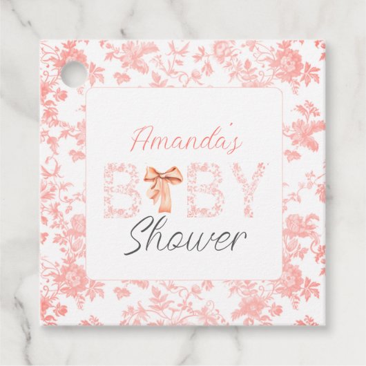 Roze Bow Toile de Jouy Floral Baby shower Bedankjes Labels (Voorkant)