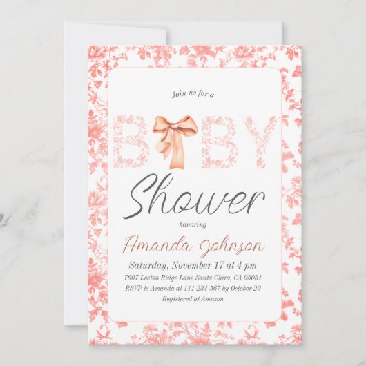 Roze Bow Toile de Jouy Floral Baby shower Kaart (Voorkant)
