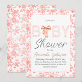 Roze Bow Toile de Jouy Floral Baby shower Kaart (Voorkant / Achterkant)