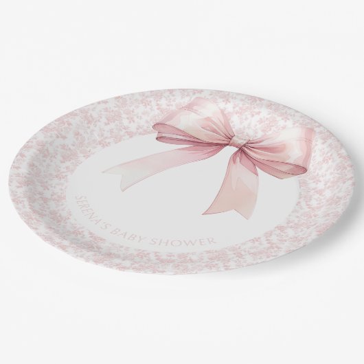 Roze Bow Toile Meisje Baby shower Papieren Borden Papieren Bordje (Gekanteld)