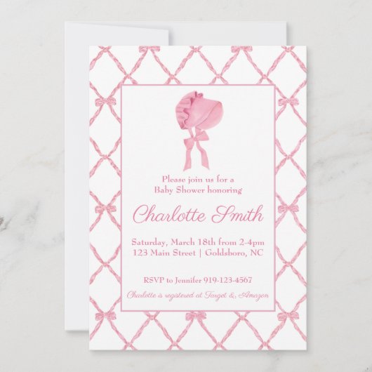 Roze Bow Trellis Baby shower Invitation Bonnet Kaart (Voorkant)