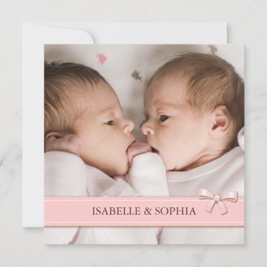 Roze Bow Twin Girls Baby Foto geboorteaankondiging Aankondiging (Voorkant)