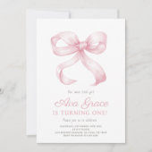 Roze Bow Verjaardag Meisje Uitnodiging (Voorkant)